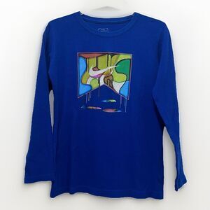 NIKE Waffle Knit Long Sleeve Graphic Print Shirt Boys L Blue Athleisure Sports